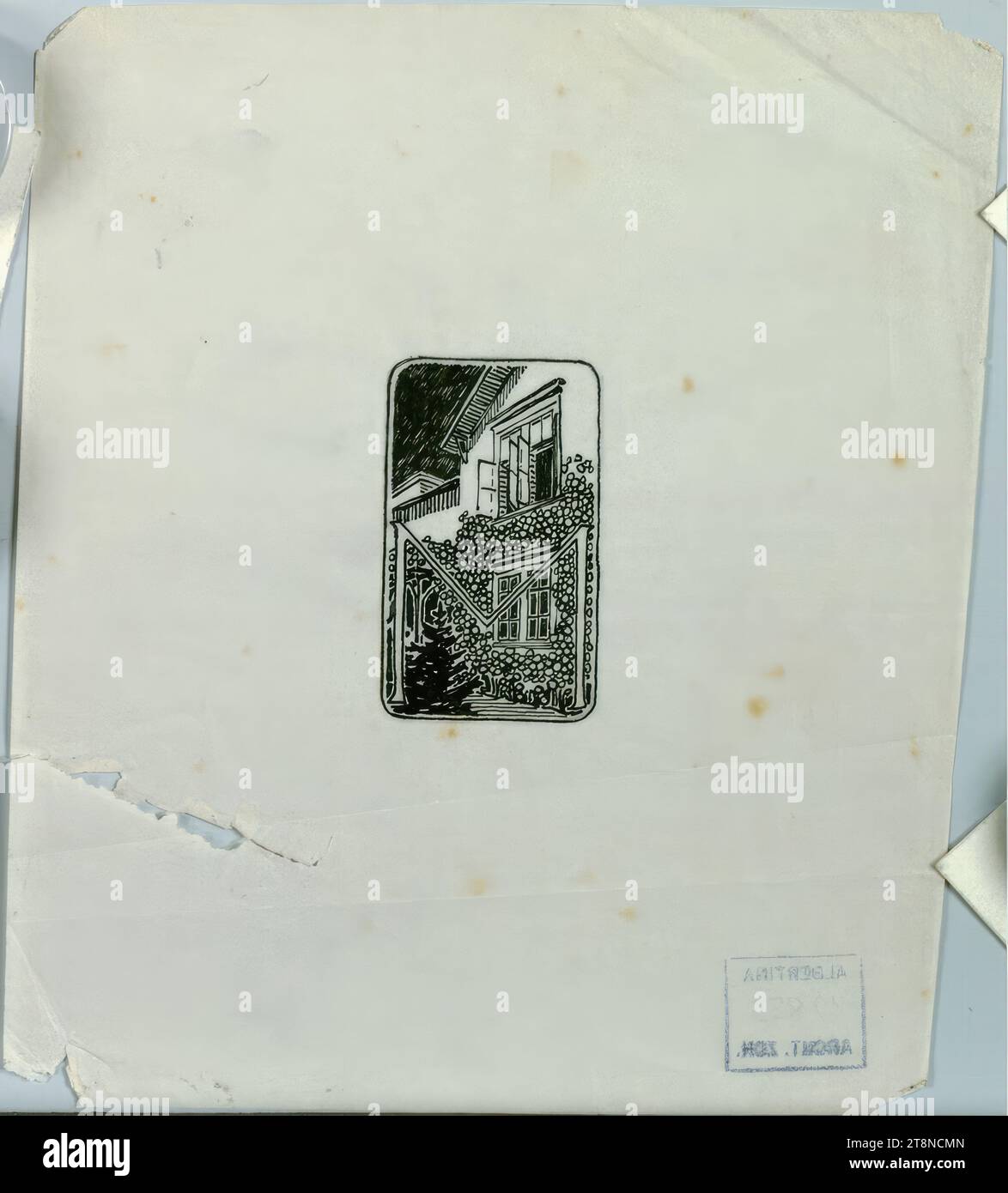 Wien-Ober St. Veit, Haus Castelliz, Perspektive (Briefkopfdesign für Mathilde Castelliz, geb. Niemann), Alfred Castelliz (Celje 1870 - 1940 Wien), Architekturzeichnung, Papier, fein; Stiftzeichnung (schwarz), 15,1 x 13,1 cm Stockfoto