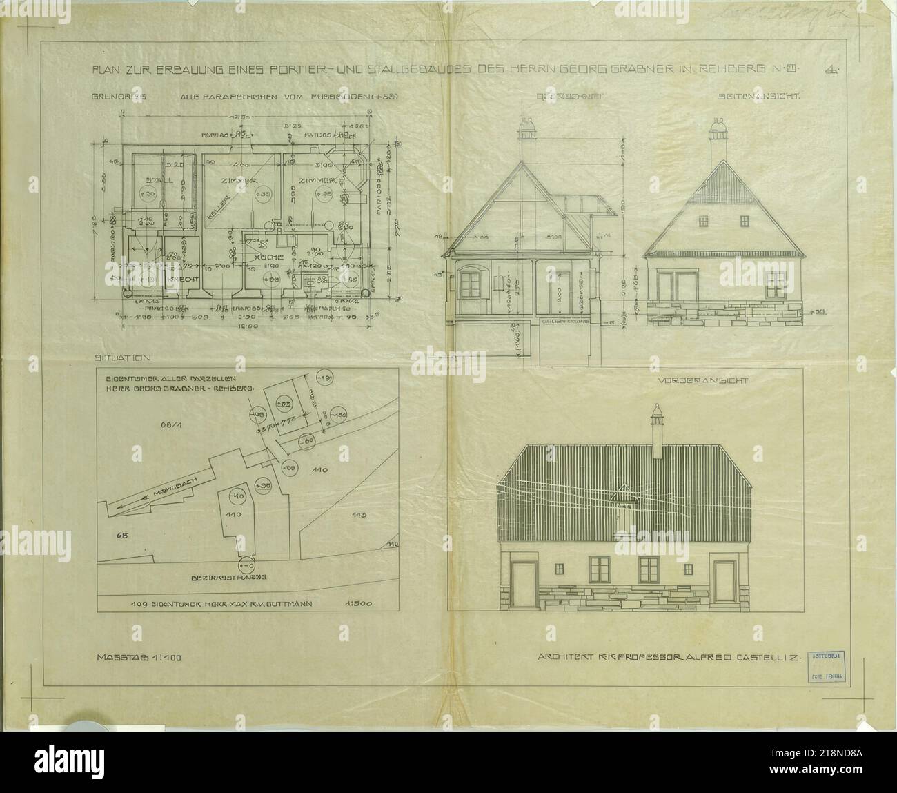 Rehberg, Portier- und Stallgebäude für Georg Grabner, Einreichungsplan, Grundriss, Abschnitt-, Höhen- und Standortplan, Alfred Castelliz (Celje 1870 - 1940 Wien), 1911, Architekturzeichnung, Nachweispapier; Stiftzeichnung (schwarz), Inschrift in Bleistift, 36,8 x 45,1 cm, 'PLAN FÜR DEN BAU Eines PORTERS UND STALLGEBÄUDES VON MR. GEORG GRABNER IN REHBERG N.Ö. 4.", Bezeichnung, Maßstab, Raum- und Architektenbezeichnungen, Zitate, Höhenzeichen, technische und topographische Angaben oben rechts (handschriftlich): "Castelliz 4 x Stockfoto