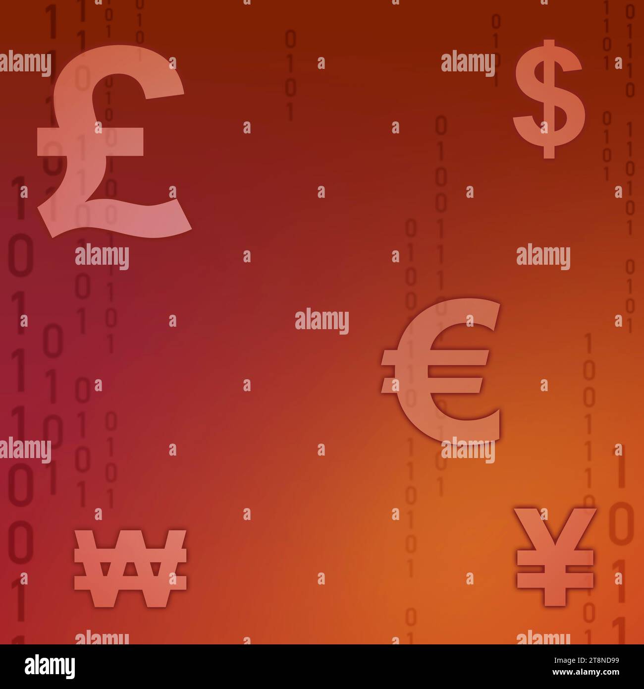Verschiedene Währungssymbole werden auf einem leuchtend roten Hintergrund angezeigt. Die Symbole stehen für verschiedene globale Währungen wie US-Dollar, Euro und Britisch Stockfoto