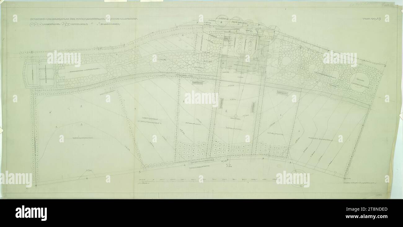 Bad Groß Ullersdorf (Nordmähren), Sanatorium Thesstal, Standort- und Grundriss, Alfred Castelliz (Celje 1870 - 1940 Wien), 1912, Architekturzeichnung, Aquafix; Bleistiftzeichnung, 38,9 x 78,4 cm, Beschreibung des Objekts, Plan und Darstellung, Kompassrose, Skalenangabe, Höhenmarkierungen, Legende, topografische Informationen und Nutzungsinformationen, Signatur Stockfoto
