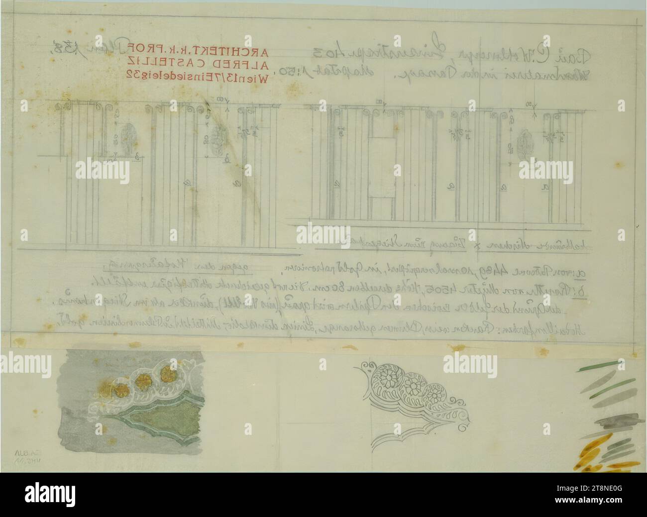 Wien-Hütteldorf, Vermietung Frau Caroline Wohlmeyer, Linzerstr. 403, Wandmalerei in der Passage, Zierskizzen, Alfred Castelliz (Celje 1870 - 1940 Wien), 1914, Architekturzeichnung, Aquafix; Aquarellskizze (farbig), 221 x 306 mm Stockfoto