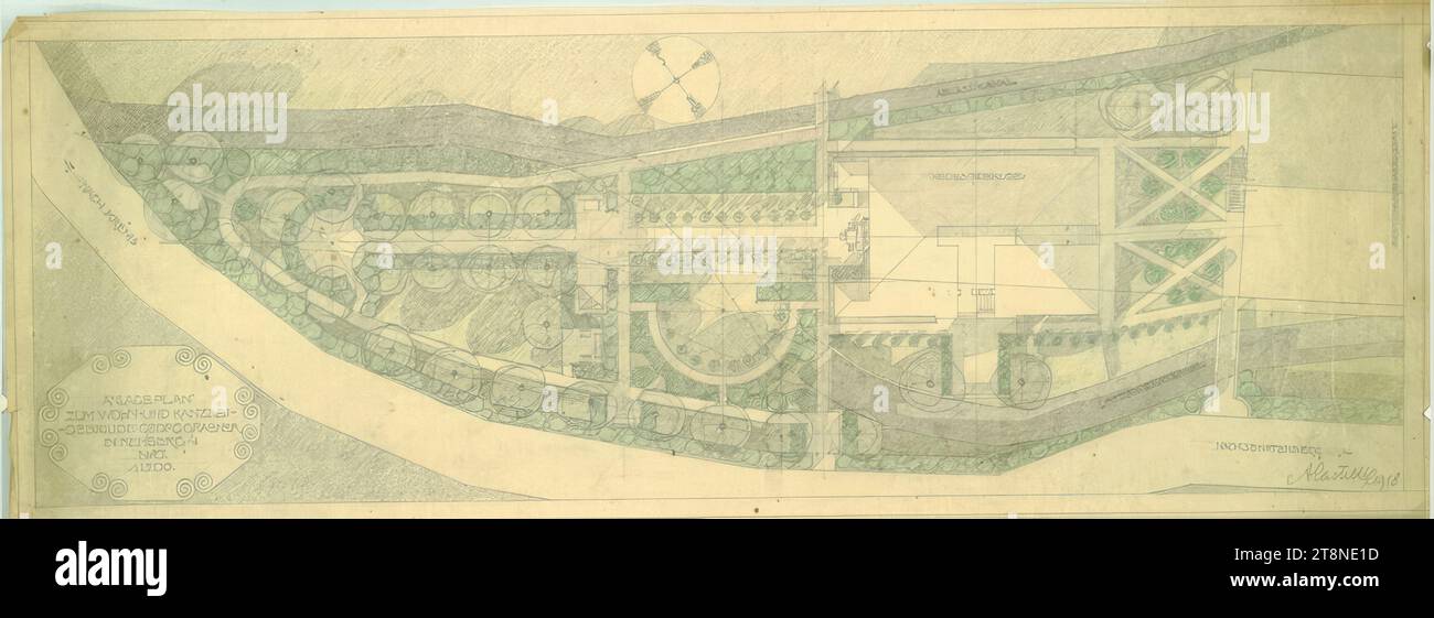 Rehberg, Wohn- und Bürogebäude Georg Grabner, Grundriss (Gartengestaltung), Alfred Castelliz (Celje 1870 - 1940 Wien), 1918, Architekturzeichnung, Papier, mittelstark; Bleistiftzeichnung mit Beschriftungen in Kreide (grün), 22,8 x 62,2 cm Stockfoto