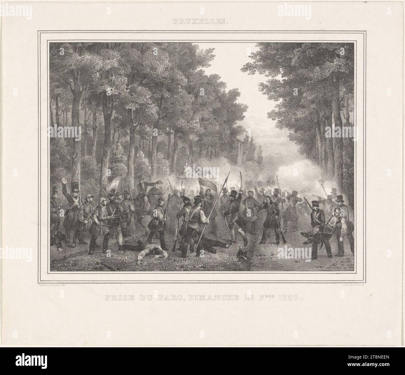 Verovering van het Warandepark in Brussel, 1830, Jean-Louis Van Hemelryck, 1830. Stockfoto