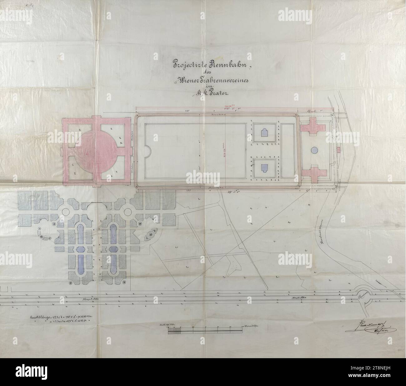 Wien, Krieau, Trab-Anlage, Rennstrecke Projekt I (Neumayr), 1878, Architekturzeichnung, Federzeichnung (schwarz, rot), Aquarellfarben (rot, grün, blau); Bleistiftvorzeichnung, Prägung; Wachsleinwand, 77,5 x 90 cm, 'Projectirte [sic] Rennbahn,/ des/ Wiener Trabrennvereines/ im/ k.k. Prater.'; Angabe der Gesamtlänge, Skalenangabe in Wiener Fächern, Unterschrift ('Rud. Neumayr/ Architect'), topographische und funktionelle Informationen und Zitate Stockfoto