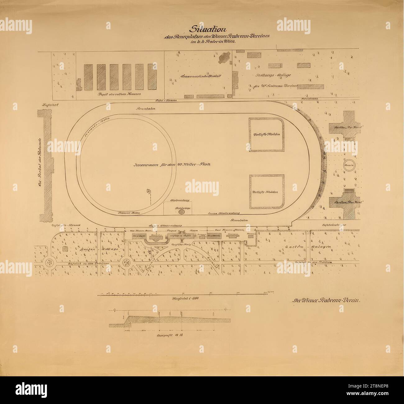 Wien, Krieau, Trab-Anlage, Bauplan, vor 1897, Anonym, 1893 - 1896, Architekturzeichnung, Blueprint; Papier, mitteldick;, 69,4 x 74,9 cm, "Situation/ der Rennbahn der Wiener Tarbrenn-Vereins/ im k.k. Prater in Wien". Funktionale Informationen, Gebäudebezeichnungen, r.b. "der Wiener Trab-Club Stockfoto