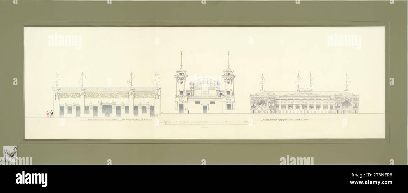 Wien, Krieau, Trab-Anlage, Wettbewerbsprojekt, Tribüne III, Musikpavillon, Totaliser, Rückansicht, 1898, Architekturzeichnung, Bleistiftzeichnung, Aquarellfarbe (violett, blau, grau, braun, schwarz, rot) Zeichnung auf Montagekarton (grün), laminiert, Rahmen in Bleistift, Wettkampfmarkierung : Kopie (Pferdekopf mit Reiter) unten links montiert, Nummerierung (obere rechte Ecke) in Bleistift, 43,7 x 108,9 cm Stockfoto