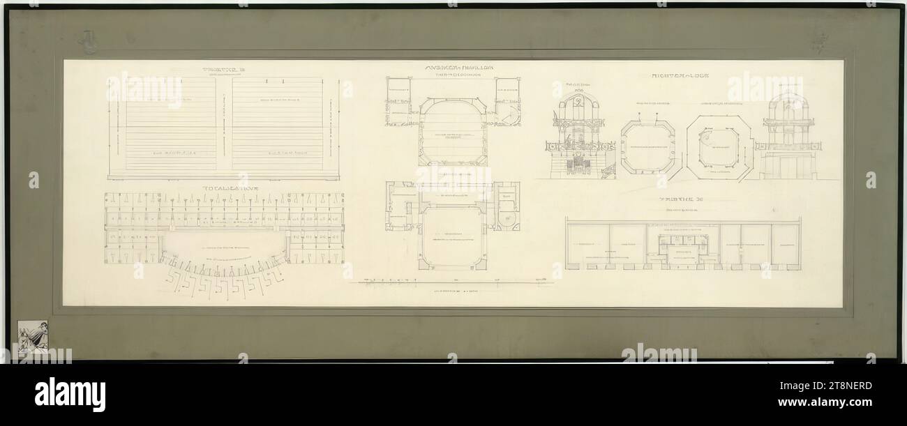 Wien, Krieau, Trabtieranlage, Wettbewerbsprojekt Ludwig Müller, Richterbox (Grundriss, Höhe, Abschnitt), Tribüne III, Musikpavillon, Totaliser (Grundriss), 1898, Architekturzeichnung, Bleistiftvorzeichnung, Stiftzeichnung (schwarz, weiß), Aquarellfarbe (blau, rot) Zeichnung auf Montagekarton (grün) laminiert, Rahmen in Bleistift, Wettkampfmarkierung: Kopie (Pferdekopf mit Reiter) links unten, 43,5 x 109,1 cm Stockfoto