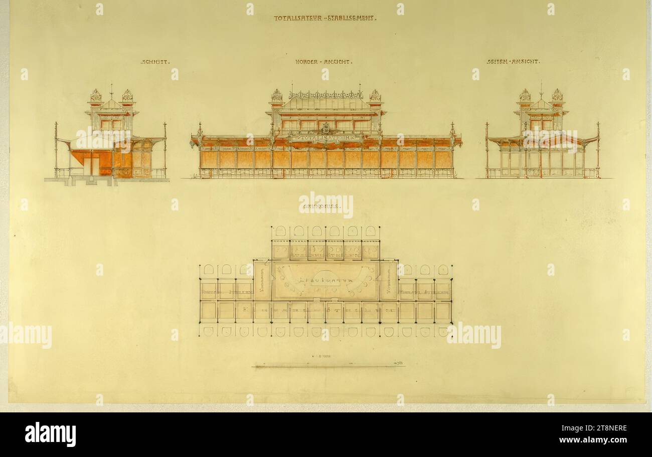 Wien, Krieau, Trabwerk, Wettbewerbsprojekt 'von Anfang bis Ende', Totalisergebäude, Grundriss, Front- und Seitenansicht und Sektion, Anton Drexler (Wien 1858 - 1940 Wien), Josef Drexler (Wien 1850 - 1922 Wien), 1898, Architekturzeichnung, Bleistiftzeichnung, Papier, fein, 52,7 x 72,3 cm, 'TOTALISATEUR - ETABLISEMENT/CUT. VORDERSEITE – ANSICHT. SEITEN - ANSICHT./GRUNDRISS.“ Funktionale Informationen Stockfoto