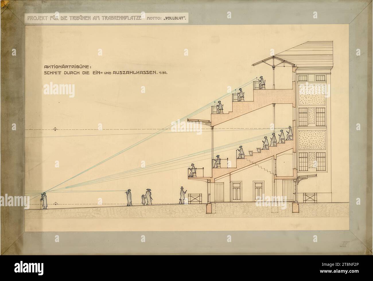 Wien, Krieau, Trab-Anlage, Wettbewerbsprojekt 'Full Blood', Drexler, Aktionärstribüne/ Kassen, Cut, 1910, Anton Drexler (Wien 1858 - 1940 Wien), Josef Drexler (Wien 1850 - 1922 Wien), 1910, Architekturzeichnung, Bleistiftvorzeichnung, Farbstiftzeichnung (blau, grün, braun, grau) und Federzeichnung (schwarz, grün); Karton, 53,4 x 77,9 cm Stockfoto