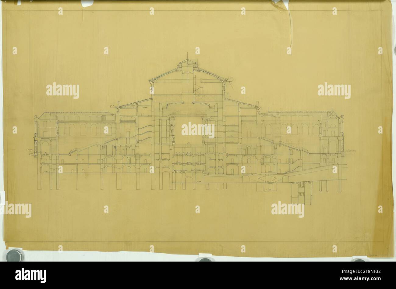 Wien I, Burgtheater, Inventar, Querschnitt, Alexander Popp (St. Leonhard am Forst 1891 - 1947 Linz), 1939, Architekturzeichnung, Transparentpapier, Stift in Blau, Bleistift, 583 x 911 mm Stockfoto