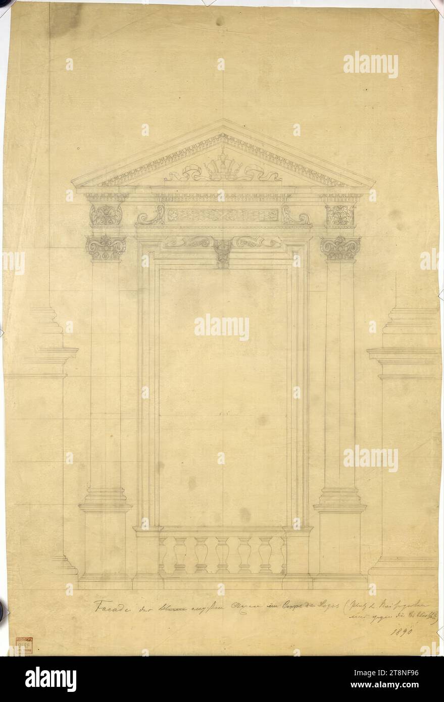 Wien I, Hofburg, neue Burg, Entwurf einer Fensteraedikula, Erhebung, Carl von Hasenauer (Wien 1833 - 1894 Wien), 1890, Architekturzeichnung, Bleistift, Blatt: 69,4 x 46,1 cm, 'Fassade der ... Engste Äxte im Corps de Logis (Quadrat ... Kaisergarten/ und gegen die Bibliothek)/1890 Stockfoto