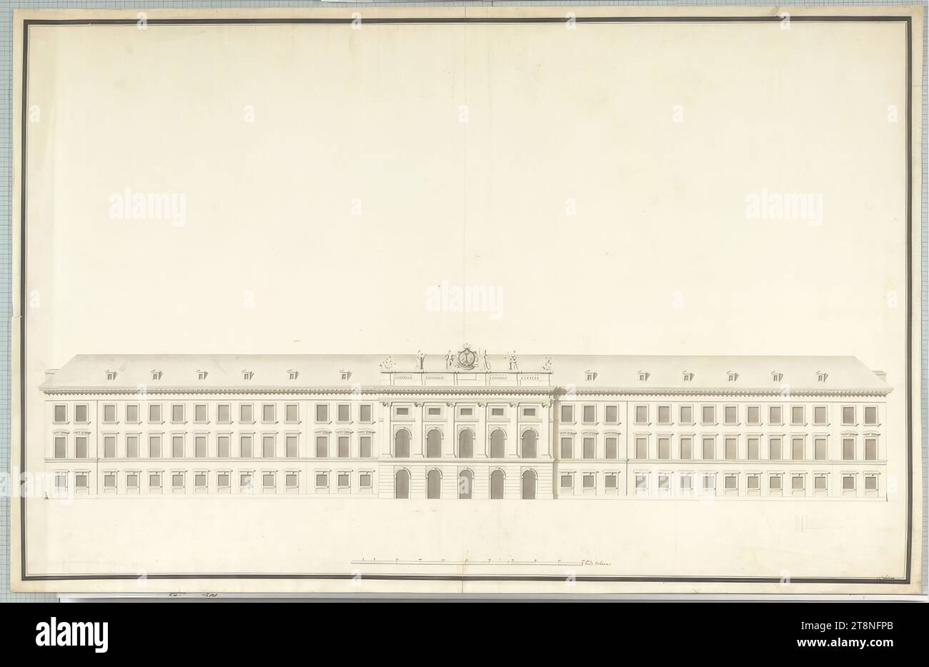 Wien, Albertinaplatz 1, Stadtpalast des Herzogs Albrecht von Sachsen-Teschen (Albertina), Projektplan, Umriss der Fassade gegenüber den Vororten, 1802?, Pen und schwarz, grau mit Schatten Stockfoto
