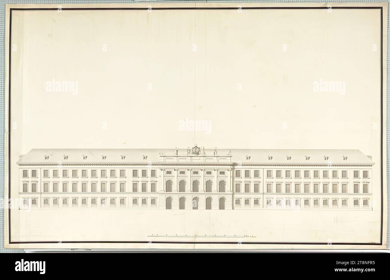 Wien, Albertinaplatz 1, Stadtpalast des Herzogs Albrecht von Sachsen-Teschen (Albertina), Projektplan, Umriss der Fassade gegenüber den Vororten, 1802?, Pen und schwarz, grau mit Schatten Stockfoto