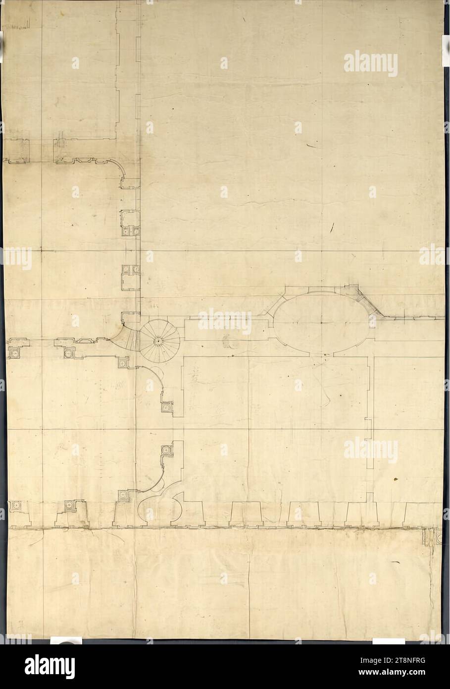 Wien I, Hofburg, Umbau- und Neubauprojekt, Glacis-Flügel, detaillierter Grundriss, 18. Jahrhundert, Grundriss, Graphit (Vorzeichnung), Stift und Schwarz, Blatt: 90,4 x 61,7 cm, Rekto: verschiedene Berechnungen, rückseitig: '3 Stockfoto