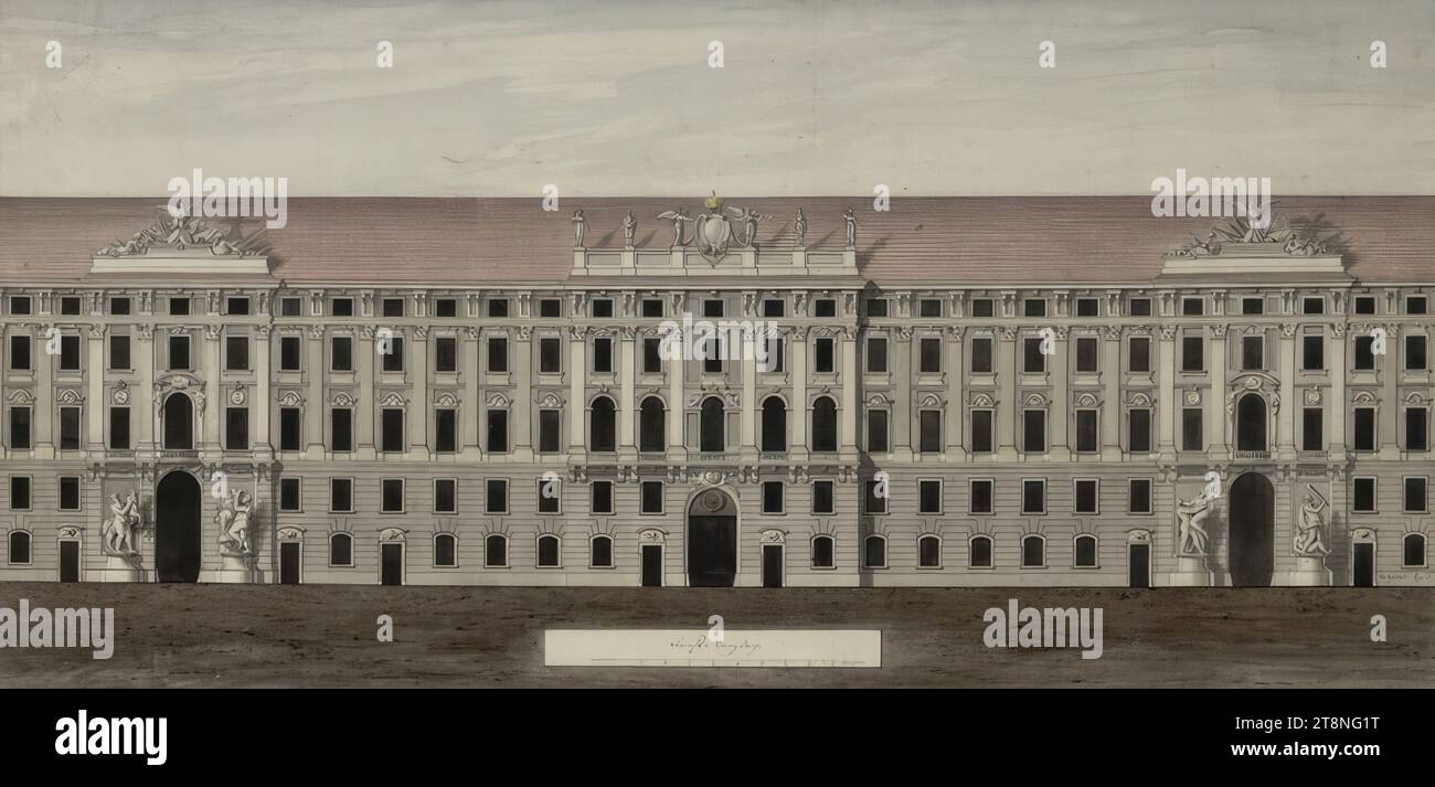 Wien I, Hofburg, Reichskanzlerflügel, Fassade zum Innenhof, Erhebung, um 1800, Architekturzeichnung, Stift und Schwarz; grau, braun, violett und blau gewaschen, Blatt: 44,3 x 79,8 cm, 'Reichs, Kanzley Stockfoto