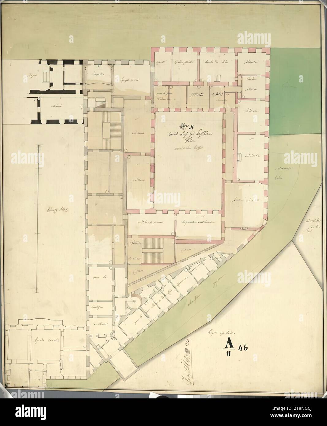 Wien I, Hofburg, Amalienburg, Umbau- und Neubauprojekt I B, 1. OG, Grundriss, 1763, Grundriss, Kreide (Vorzeichnung); Stift und Tinte in Schwarz; mehrfarbige Waschung, Blatt: 57 x 47,3 cm, Retikett: 'Nr.: 4, will be too Edel, BE'; 'A/II 46'; Projekt-Nr. 33."; Räume, Gebäude und offene Räume mit der Verso-Aufschrift "Amalischer Hof Proy haupt Stock"; "A/II 46"; "Nr. 33/D-1 Stockfoto