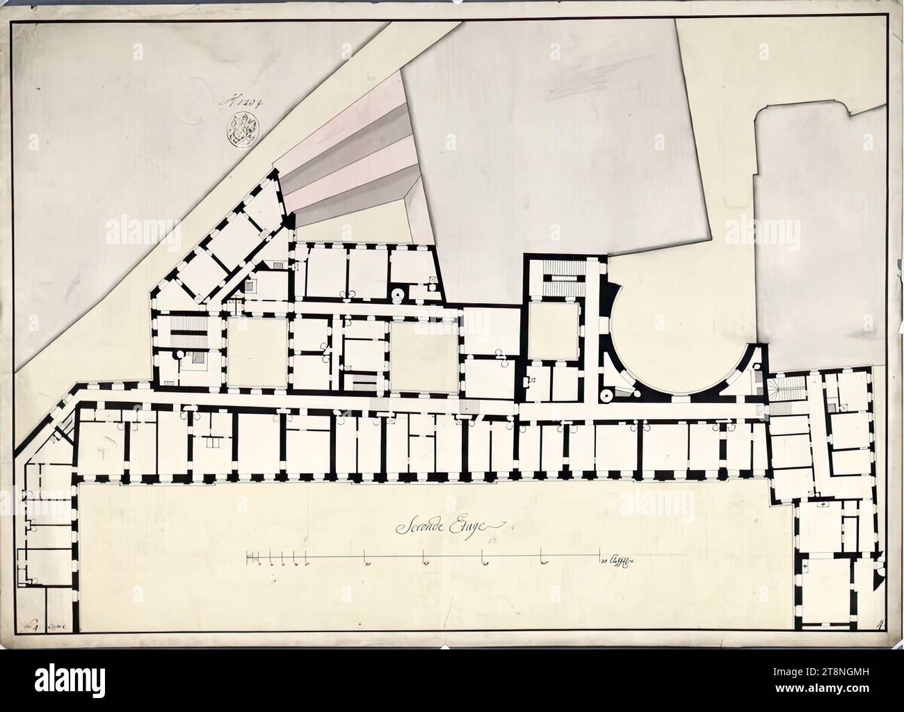 Wien I, Hofburg, Reichskanzlerflügel, 2. Stock, Grundriss (Kopie des Grundrisses), um Mitte des 18. Jahrhunderts, Grundriss, Kreide (Vorzeichnung); Stift in schwarz; grau-beige Waschung, Blatt: 50,5 x 70,3 cm, Recto: 'Seconde Etage'; 'No.4' verso: 'Reichs Canzley Zweyter Stock'; '262 Stockfoto