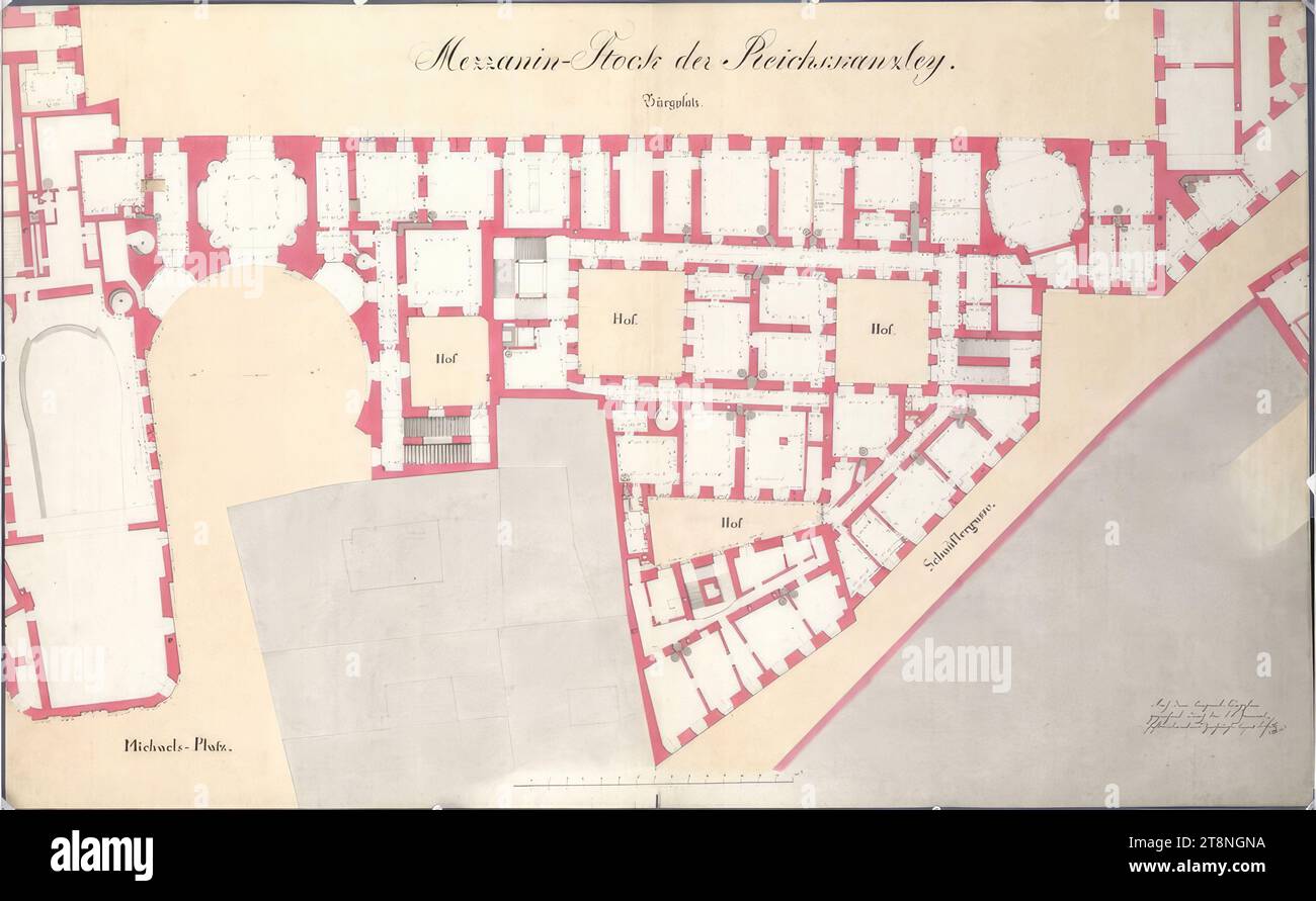 Wien I, Hofburg, Reichskanzlerflügel, Zwischengeschoss, Grundriss (Detail aus der Gesamtaufnahme der Hofburg), nach 1832, Grundriss, Graphit (Vorzeichnung); Stift in schwarz; rosafarbene Tinte; mehrfarbige Waschung, Blatt: 60,6 x 98,2 cm, Recto: 'Zwischenboden der Reichskanzlei'; offene Räume und Straßen beschriftet, alles auf der Rückseite: 'Stadt Nr. 510'; 'Reichskanzlei' Stockfoto