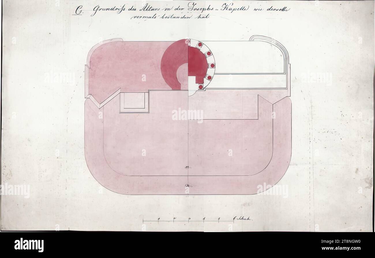 Wien I, Hofburg, Leopoldiner Flügel, Josefskapelle, alter Altar, Grundriss, 1833/34, Architekturzeichnung, Graphit (Vorzeichnung); Stift in schwarz; rot-rosa Waschung, Blatt: 35 x 56,1 cm, 'C. Grundriss des Altars in der Josefkapelle wie der gleiche, vorher existierte' verso: '891/834'; 'Stadt Nr. 560 Stockfoto