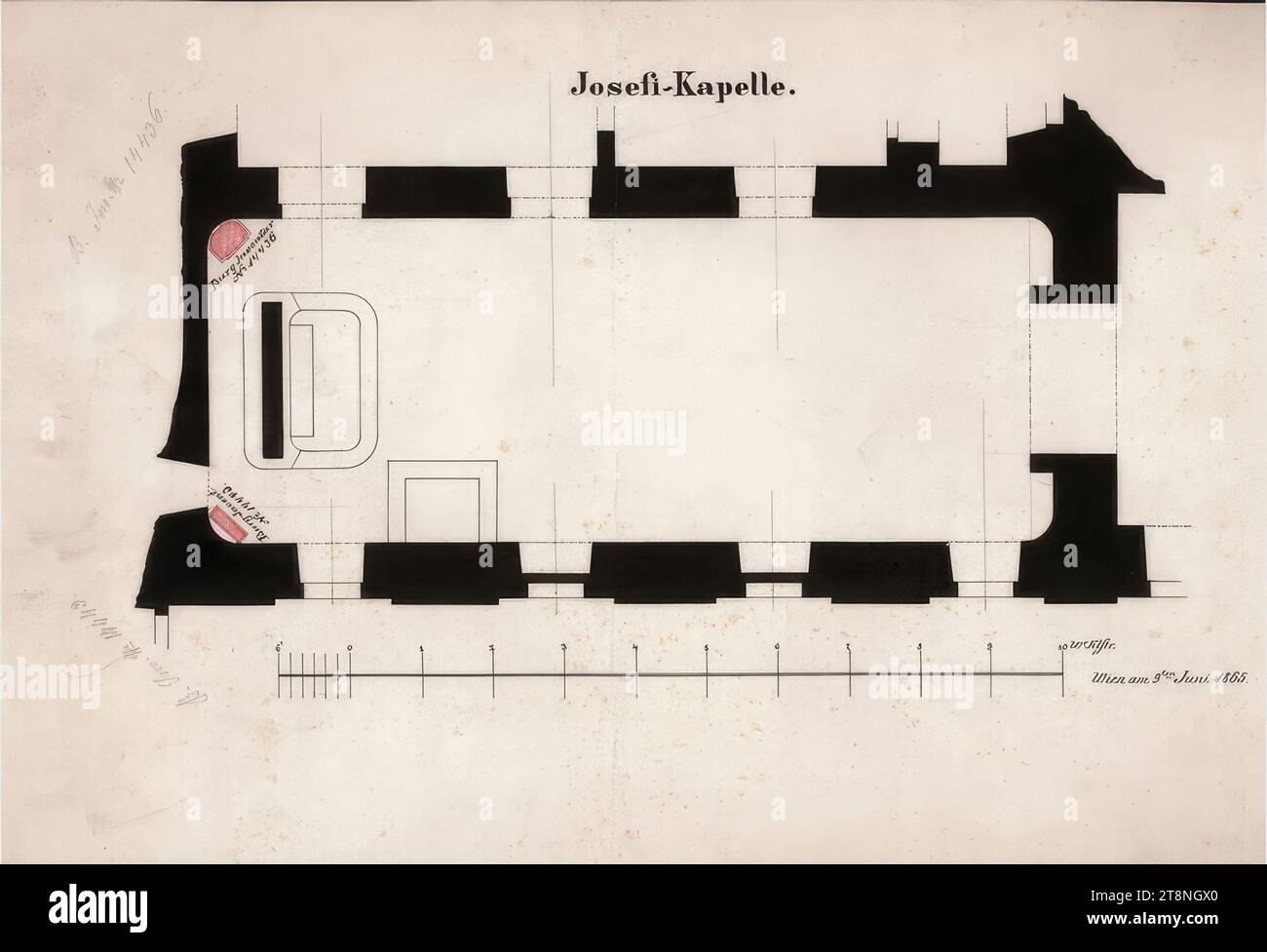 Wien I, Hofburg, Leopoldine Flügel, Josefskapelle, Grundriss, 1865, Plan, Graphit (Vorzeichnung); Stift und Tinte in schwarz; indische Tinte in rot, Blatt: 29,7 x 46,8 cm, Josefi-Kapelle Stockfoto