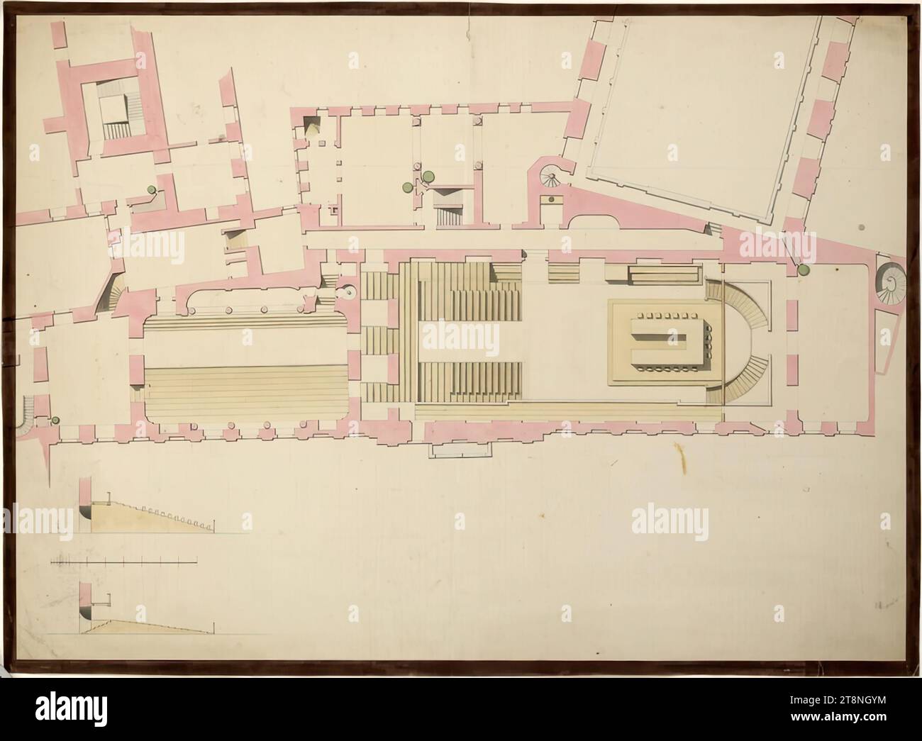 Wien I, Hofburg, Redoutensaalflügel, Grundriss und Abschnitt: Installationen im großen Redoutensaal anlässlich des Hochzeitsmahls am 4. November 1824, 1824, Plan, Graphit (Vorzeichnung); Stift in schwarz; mehrfarbig gewaschen, Blatt: 48,1 x 65,4 cm Stockfoto