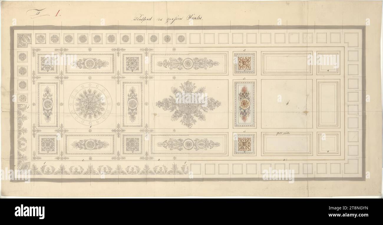 Wien I, Hofburg, Redoutensaalflügel, großer Redoutensaal, Projekt zur Neugestaltung des Plafonds, 1838, Architekturzeichnung, Graphit (Vorzeichnung); Stift in schwarz; mehrfarbige Waschung, Blatt: 30,8 x 60 cm, Plafond des Großen Saal Stockfoto