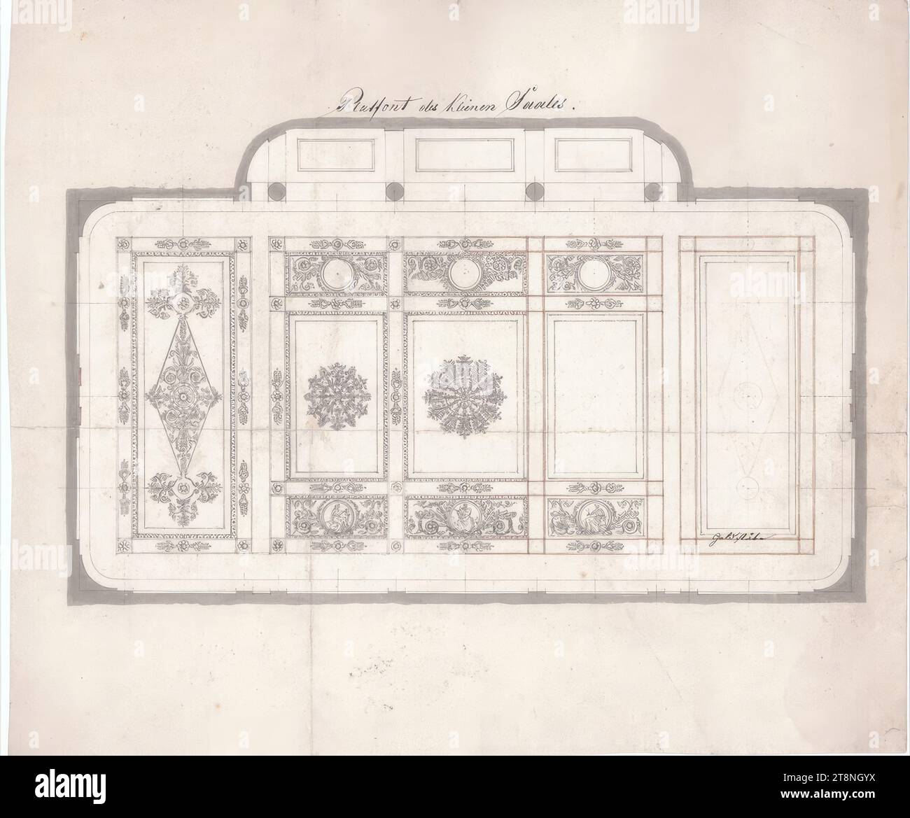 Wien I, Hofburg, Redoutensaalflügel, kleiner Redoutensaal, Decke, 1838, Architekturzeichnung, Graphit (Vorzeichnung); Stift in schwarz; grau, Rosa- und Ockerwäsche, Blatt: 30,9 x 36,5 cm, Plafond des Kleinen Saales Stockfoto