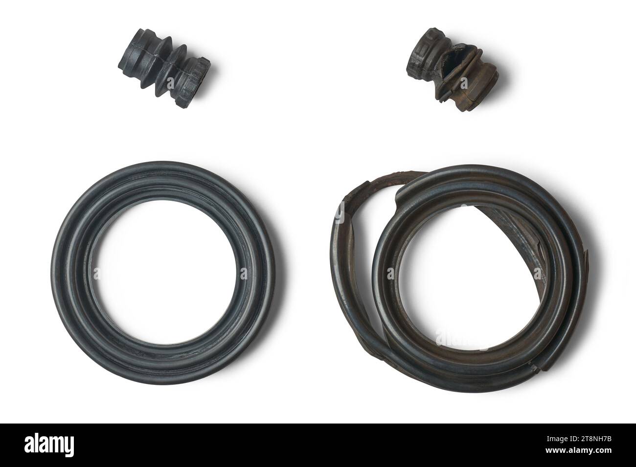 Nahaufnahme des neuen und alten Bremssattelstifts und der Kolbenmanschetten, wichtige Komponenten des hydraulischen Bremssystems des Fahrzeugs, regelmäßige Inspektion und Wartung Stockfoto