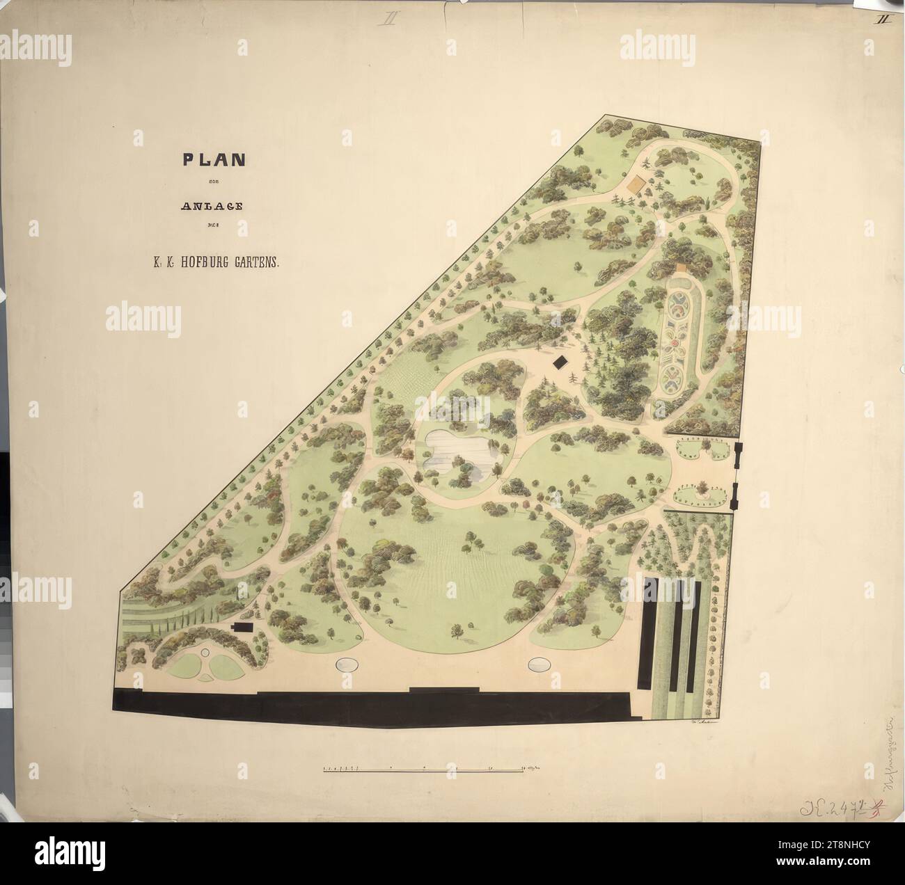 Wien I, Hofburg, Burggarten, Kopie des neuen Grundrisses, Gartenplan, 1847, Architekturzeichnung, Bleistift (Vorzeichnung); Stift und Tinte in schwarz; mehrfarbige Waschung, Blatt: 65,4 x 70,7 cm, 'II (Bleistift) II (Stift), PLAN, to, PLANT, DES, K: K: HOFBURG GARTEN Stockfoto
