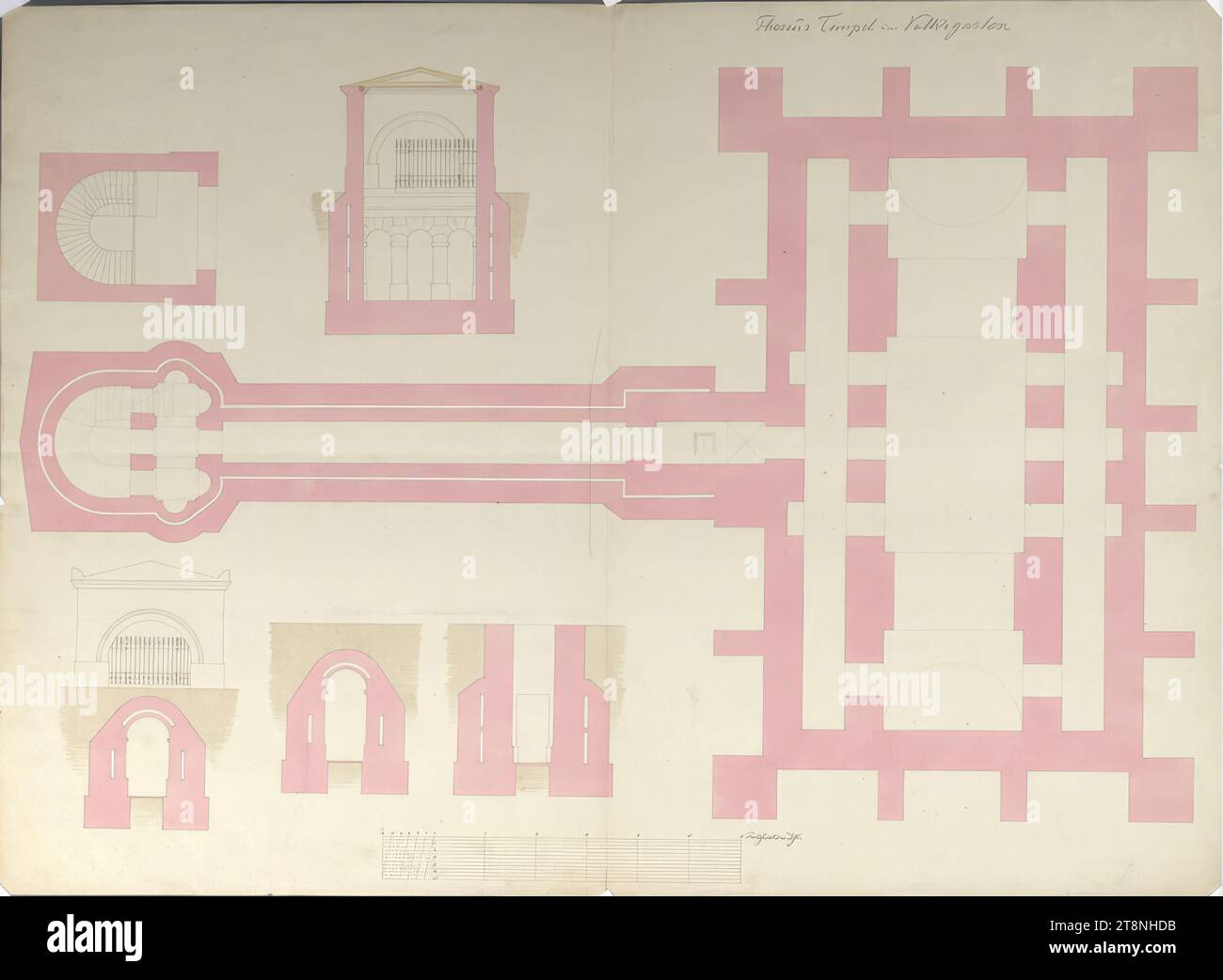 Wien I, Volksgarten, Theseus-Tempel, Grundriss und Abschnitte, 1820, Grundriss, Graphit (Vorzeichnung); Stift in schwarz; rosa und ockerfarbene Waschung, Blatt: 58,1 x 79,1 cm, Recto: Theseus Tempel im Volksgarten Stockfoto