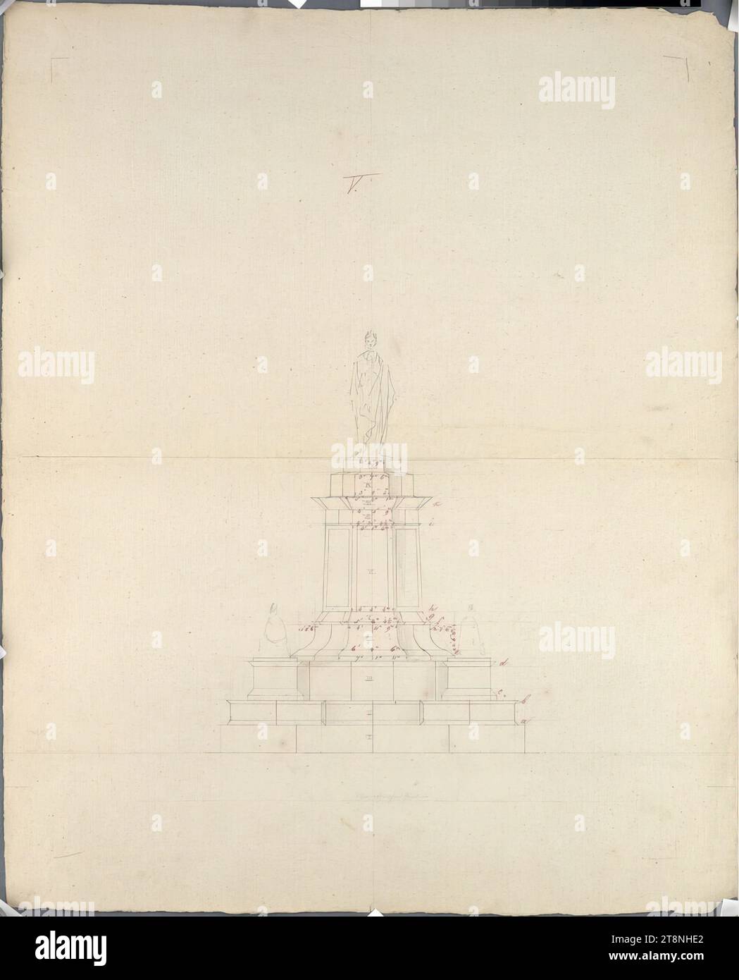 Wien I, Hofburg, Innenhof, Kaiser-Franz-Denkmal, Umrissskizze 'Projetto greco-romano', Pompeo Marchesi (Saltrio bei Varese 1789 - 1858 Mailand), 1841, Grundriss, Graphit; Stift in rot, Blatt: 54,3 x 43,8 cm, „V“; alle Teile genau messen Stockfoto