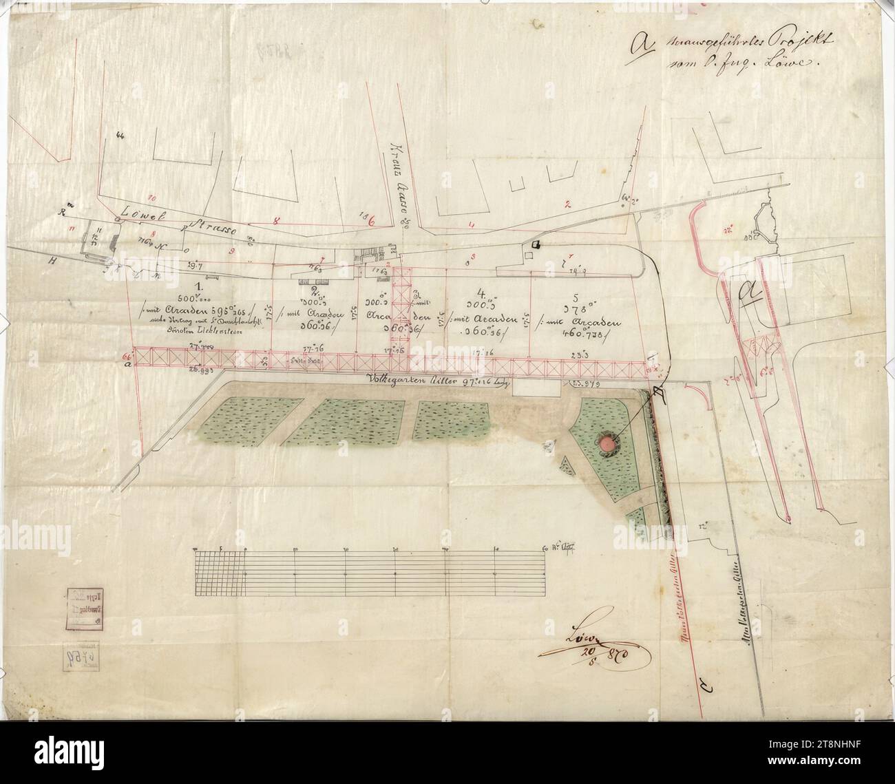 Wien I, Volksgarten (Paradeisgartl), Volksgartenarkaden, Grundstücksplan, 20. Mai, 1873, Plan, Stift und Tinte in schwarz und rot; grün gefärbt, Blatt: 37,6 x 46,6 cm, 'A UnExecute Project/ by O. Ing. Löwe.'; Messungen (Quadrat-Fahnen Stockfoto