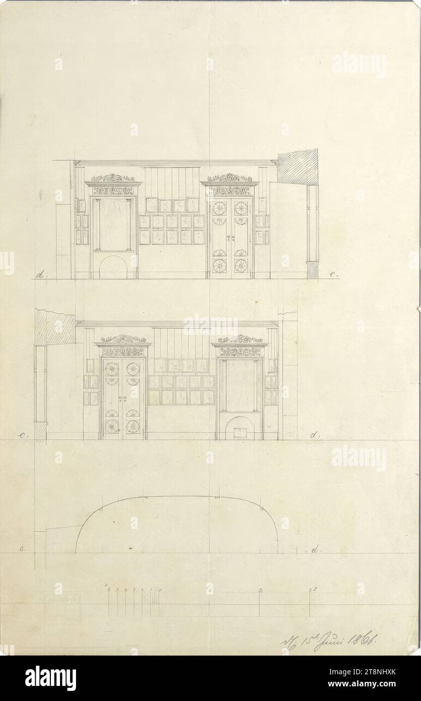 Wien I, Hofburg, Leopoldiner Flügel, Stephans Wohnung, Salon, Grundriss und Abschnitte, 1861, Architekturzeichnung, Graphit, Blatt: 34,3 x 21,9 cm Stockfoto