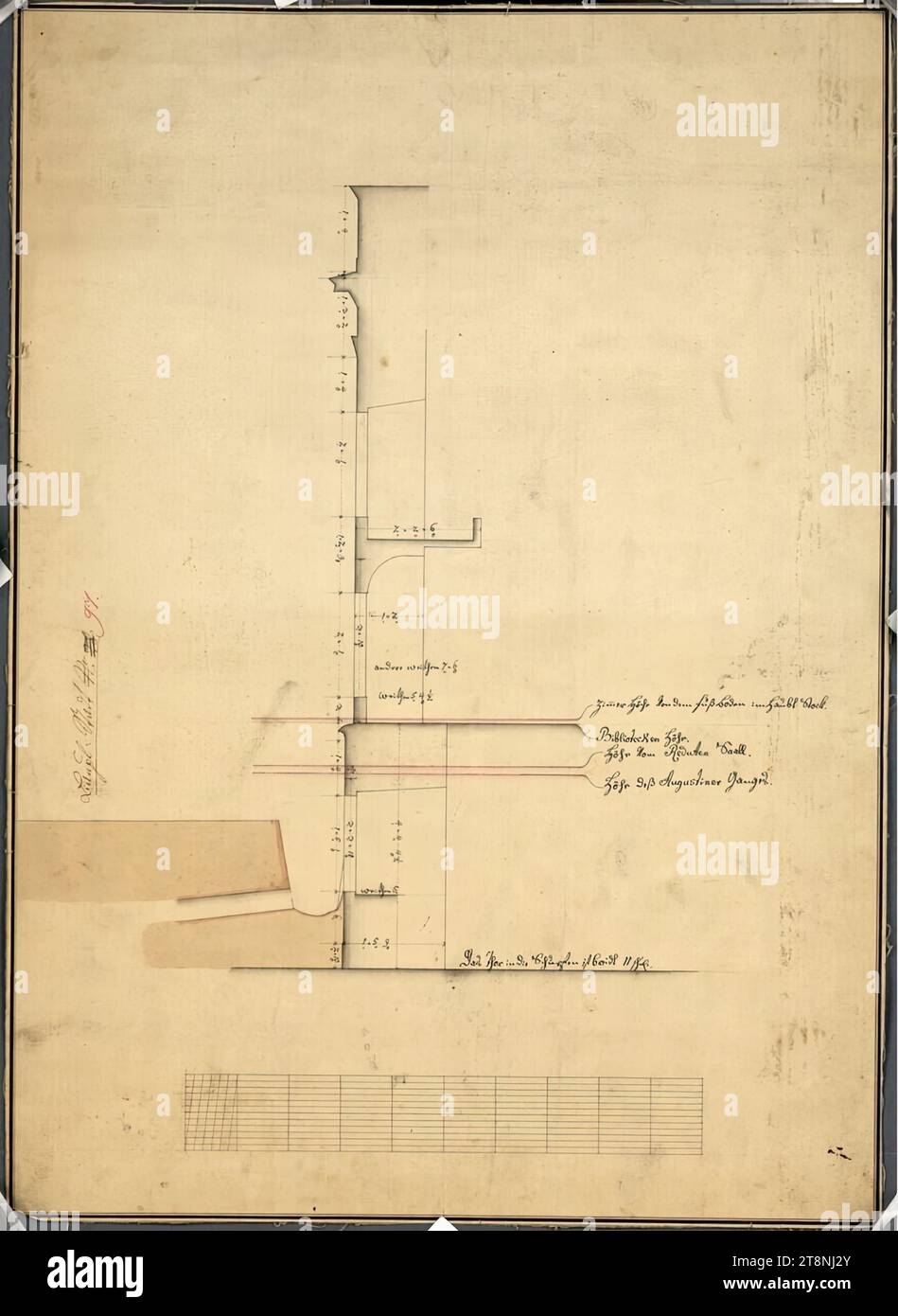 Wien I, Hofburg, Hofbibliothek, rechter Seitenflügel, Fassadenquerschnitt, 2. Hälfte des 18. Jahrhunderts, Plan, Kreide (Vorzeichnung); Stift in schwarz; rosa Tinte; Ocker- und Grauwaschung, Blatt: 49,8 x 36 cm, Recto: 'Baupl. Stadt Nr. 97."; Angabe der Geschossebenen und Geschosshöhen; Nummerierung der Fassadenteile; rückseitig: "Höhe der Bibliothek:"; "Stadt I/97 Stockfoto