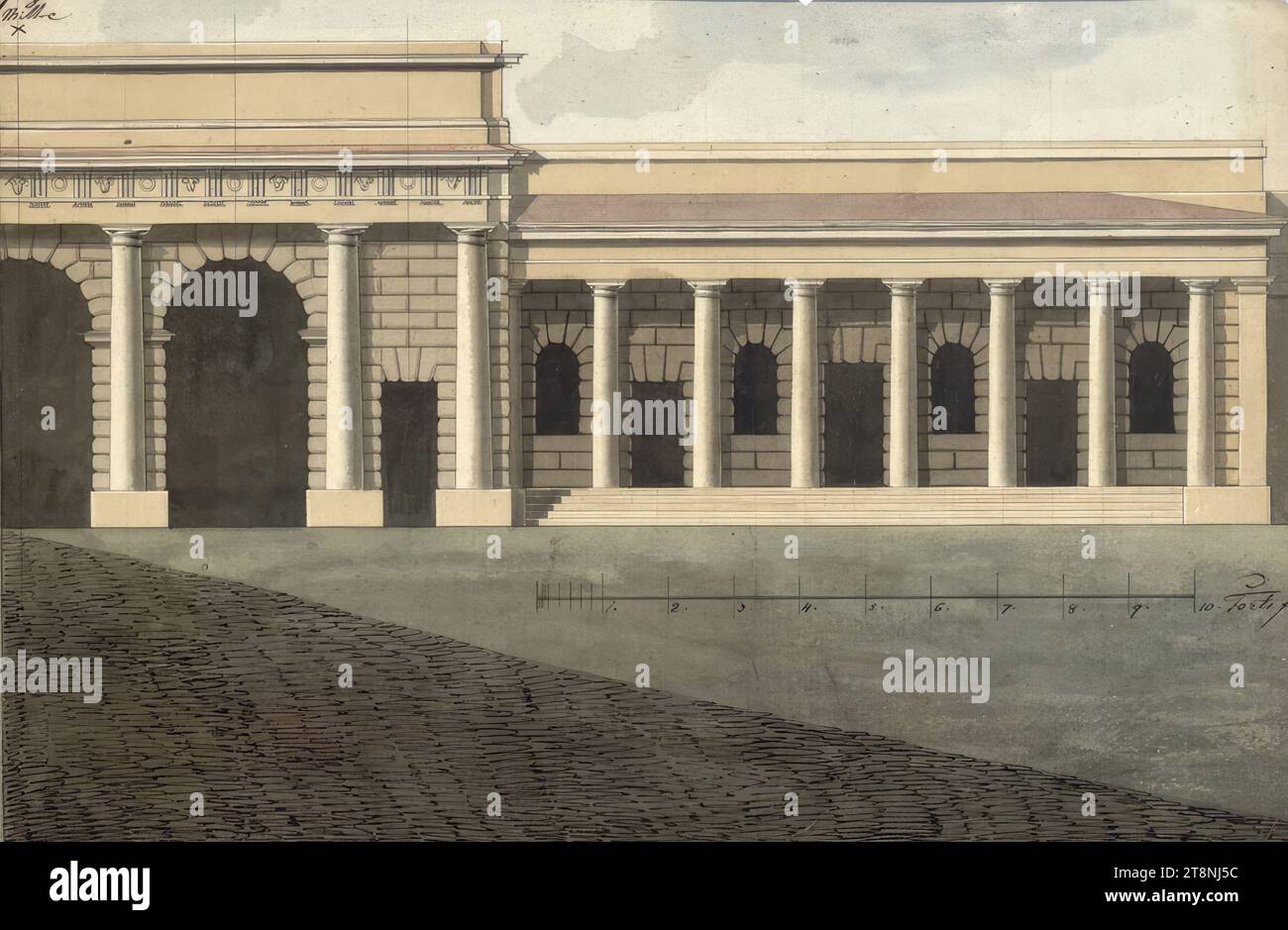 Wien I, Hofburg, Äußeres Schlosstor, Projekt, Stadtseite, Alternativvorschlag für die Gestaltung der Kolonnaden auf der rechten Seite, Höhe, 1820, Architekturzeichnung, Kreide (Vorzeichnung); Stift in schwarz; mehrfarbig gewaschen, Blatt: 28,7 x 42,9 cm, „ganz, Mitte“, „Fortifi Stockfoto