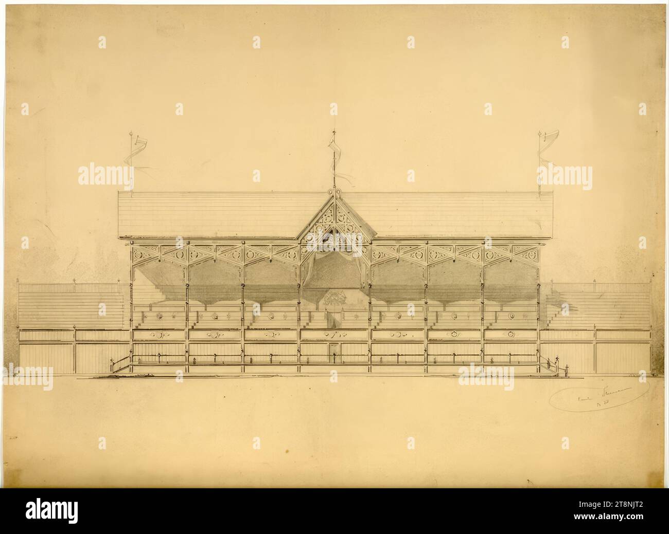 Wien II, Freudenau, Tribüne, Entwurf, Überblick, Heiss2, 1858, Architekturzeichnung, Bleistift und Tinte mit Stift auf Papier, 41,6 x 57 cm Stockfoto