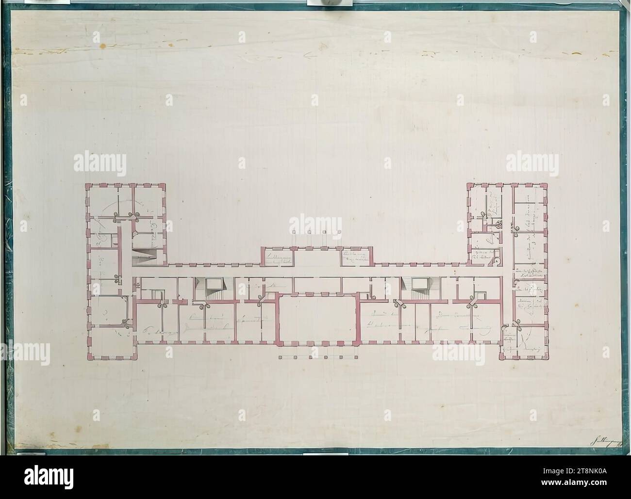 Laxenburg, Schlosspark, Erweiterungsprojekt, Zentralflügel, Grundriss, unbegrenzt, Plan, Papier; Stiftenzeichnung; Konstruktionslinien und Beschriftungen in Graphit, Stift und Tinte in Grau und Schwarz, mehrfarbige Waschung, 44,8 x 62 cm Stockfoto