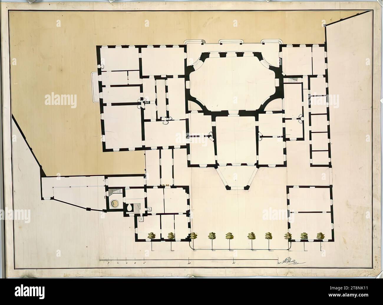 Laxenburg, Sinzendorf-Palais/Esszimmerflügel, Grundriss, Erdgeschoss, unbegrenzt, Plan, Papier; Stiftzeichnung; Konstruktionslinien in Graphit, schwarzer Stift, mehrfarbige Waschung, 52,2 x 72,4 cm Stockfoto