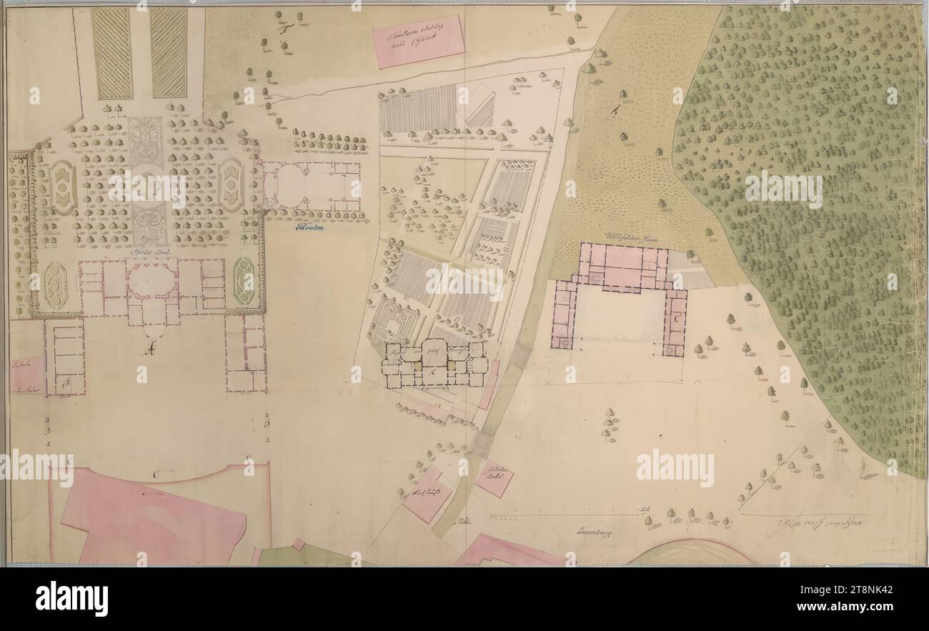 Laxenburg, Schlosspark, Theater, Speisesaal-Flügel, Uhlefeldhaus und Projektionsgebäude, Grundriss, unbefristet, Plan, Papier; Stiftzeichnung; Konstruktionslinien in Graphit, Stift in Rot, Schwarz und Blau, mehrfarbige Waschung; 59 x 97 cm Stockfoto