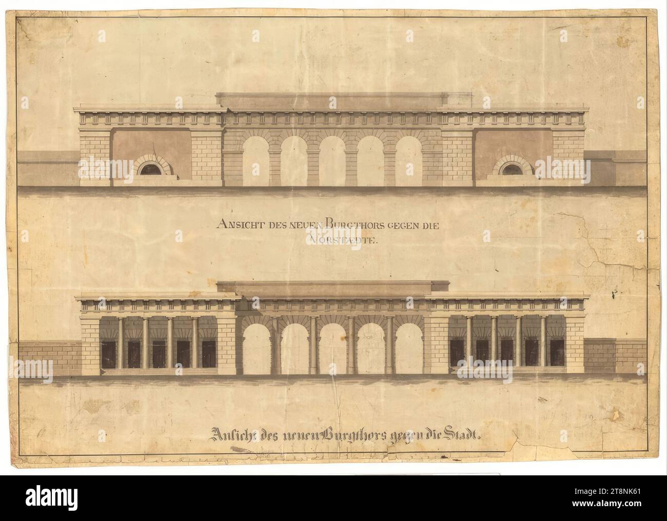 Wien I, Hofburg, äußeres Schlosstor, Feld- und Stadtseite, Umrisse, nach 1824, Architekturzeichnung, Kreide (Vorzeichnung); Stift in schwarz; grau-braune Waschung, Blatt: 35,1 x 49,8 cm, „BLICK AUF DIE NEUEN BURGTHORS GEGEN DIE, OBERFLÄCHEN“, „Blick auf DEN neuen Burgthor in Richtung Stadt Stockfoto