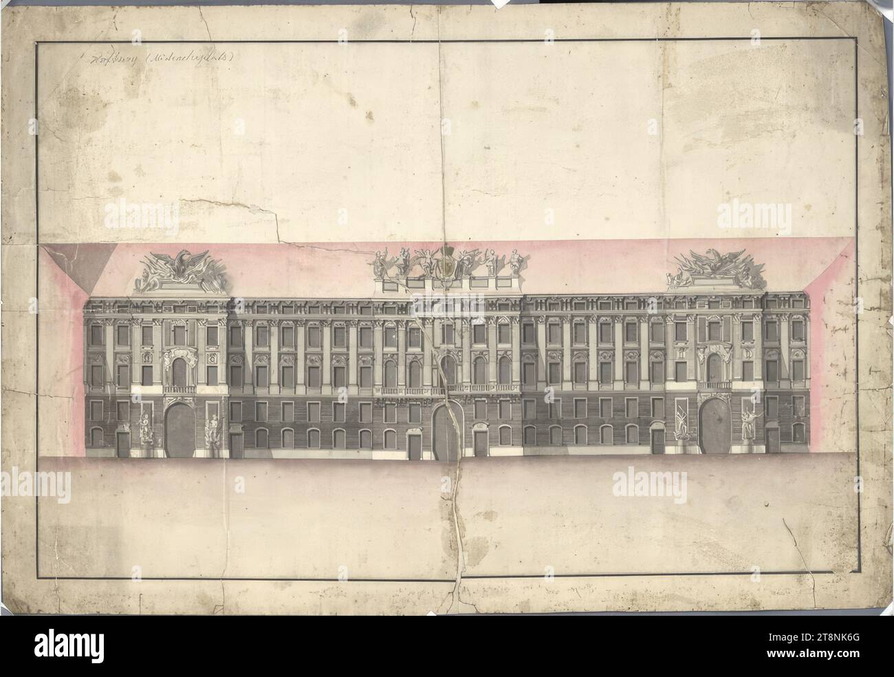 Wien I, Hofburg, Reichskanzlerflügel, Hoffassade, Höhe, um 1728, Architekturzeichnung, Kreide (Vorzeichnung); Stift in schwarz; rosafarbene Tinte; graubraun und gelb gewaschen, Blatt: 39,1 x 57 cm, Recto: Hofburg (Michaelerplatz) Stockfoto