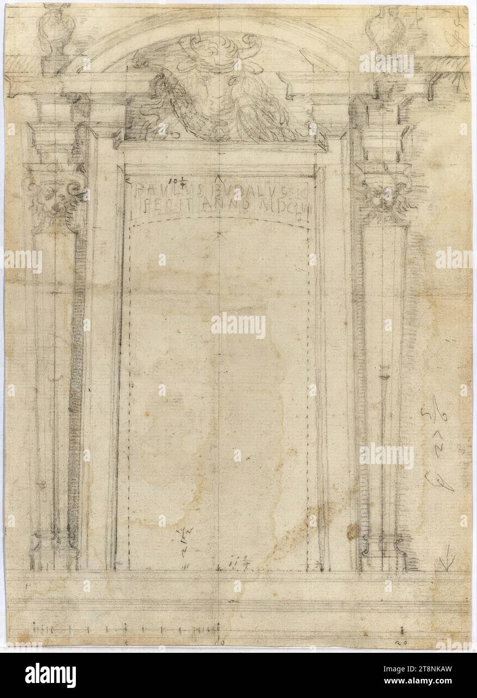 Rom, Sant' Andrea delle Fratte, Querschiff, Fenster, 1653-1657, Architekturzeichnung, Papier, fein; Graphitzeichnung; Konstruktion, Zeichnung, Skala und Beschriftungen in Graphit; zahlreiche Einstiche, 23,8 x 17,4 cm Stockfoto