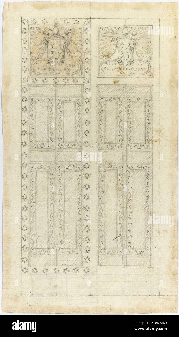 Rom, San Giovanni in Laterano, zentrales Portal, Türflügel, Architekturzeichnung, Papier, fein; Graphitzeichnung; Blindnuten; Konstruktion und Ziehen in Graphit, 19,3 x 10,8 cm Stockfoto