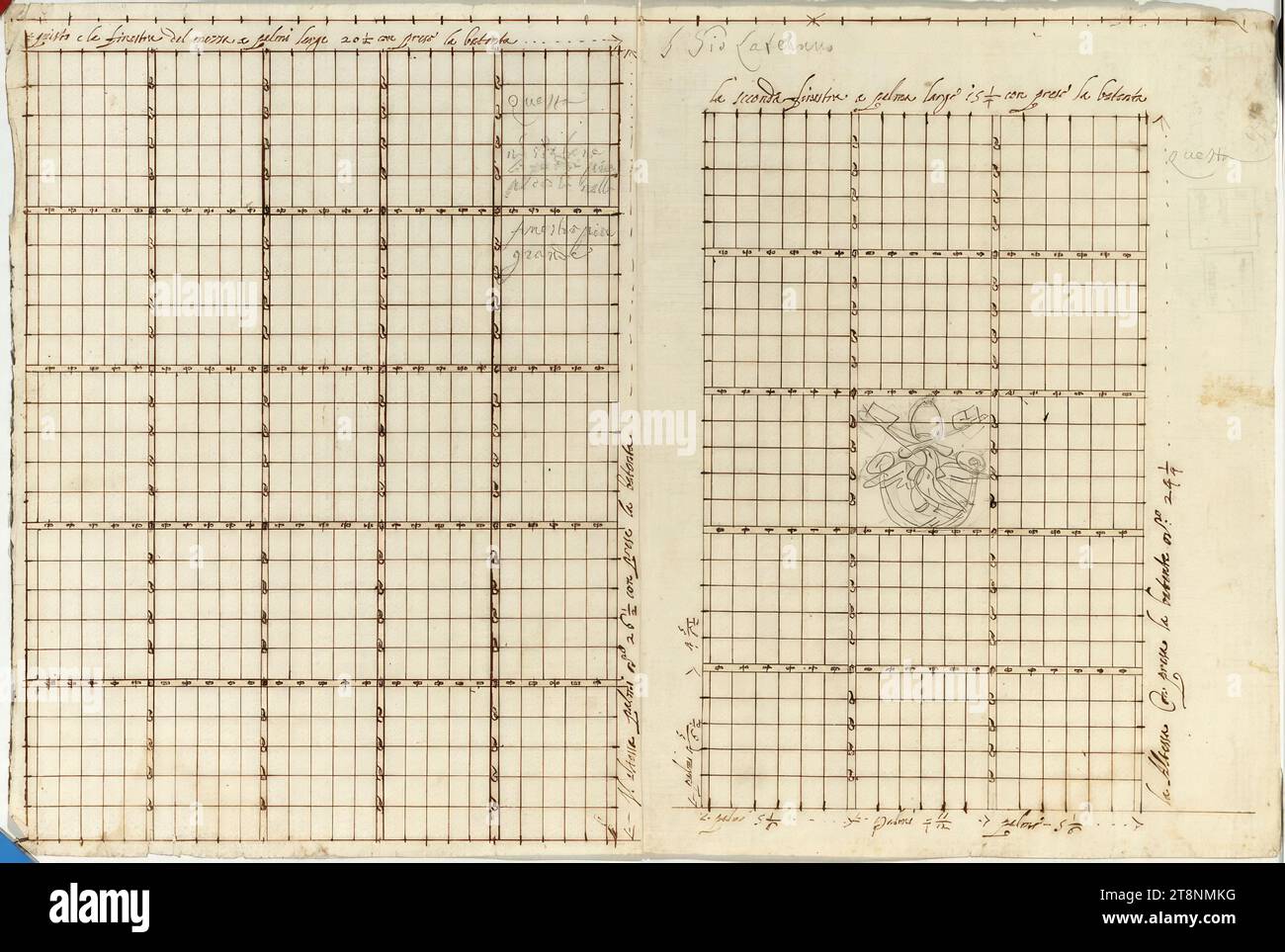 Rom, San Giovanni in Laterano, zwei hohe rechteckige Fenster, Architekturzeichnung, Papier, fein; Graphit und Stift, 27,2 x 40,3 cm, r.t. (Graphit, Stosch): 's. gio. Laterano"; l.o. (Pen): "Questo e la finestra del mezza a palmi large 20 1/2 con preso la batenta"; R.o.: "la seconda finestra a palma large 15 1/4 con preso la batenta"; am rechten Rand des linken Fensters: "IL altessa palmi ord.o 26 1/2 con prese la batenta"; am rechten Rand des rechten Fensters: „la Altessa con presa la batente ord.RO 24 1/4“; im linken Fenster (Graphit Stockfoto