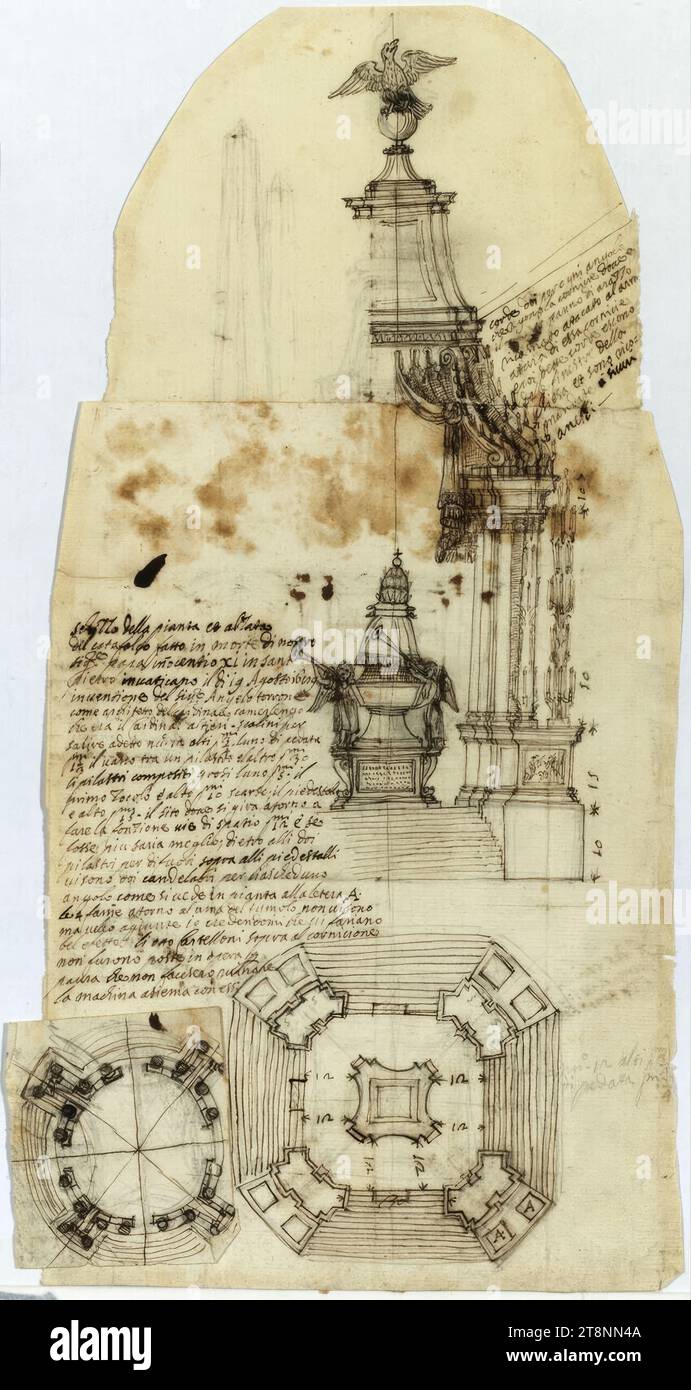 Rom, San Pietro in Vaticano, Trauergerüst für Innozenz XII., 1689, Architekturzeichnung, Papier, mittelstark; Feder und Rötel; Skizze in Rötel und Feder in Braun, Beschriftung in Feder, 38,8 cm x 19 cm, 'Decke, unschuldig, Geschichte, Umrahmung von Steinkamm, Geschichte'; R.: 'Skizze der, Grundriss und Höhe, der Katafalke hergestellt, in St. Peter's for the Death, of Pope Innozenz, XII. Gemacht von Gio, Batista Contini, am 18. Oktober 1708'; Massangaben Stockfoto