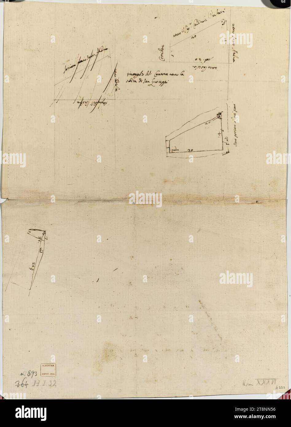 Rom, Collegio di Propaganda Fide, vier Skizzen der Propagandastätte, Architekturzeichnung, Papier, fixiert; Federzeichnung; Skizzen und Beschriftungen in Graphit und Stift in Braun, 34,7 x 46,7 cm, oben links. (Durchgestrichen): "Facciata verso sant Andrea, verso la scoza, muro del C, triangolo del Cantone verso la, salita di San Gioseppe"; R.o.: "Corridore, verso il Sig.re Cardinale Paulucci, verso Sant Andrea"; Mitte rechts: "Squadro, DEVE protare à più, listings Stockfoto