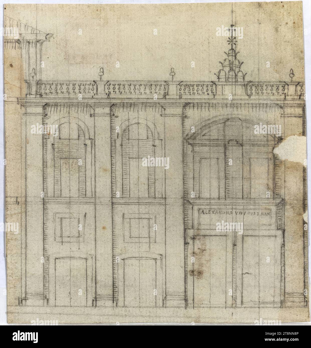 Rom, Collegio di Propaganda Fide, Entwurf für die Westfassade mit Doppelportal, 1660-1662, Architekturzeichnung, Papier, fein; Graphitzeichnung; Konstruktion und Zeichnung in Graphit, 11 x 10,4 cm Stockfoto