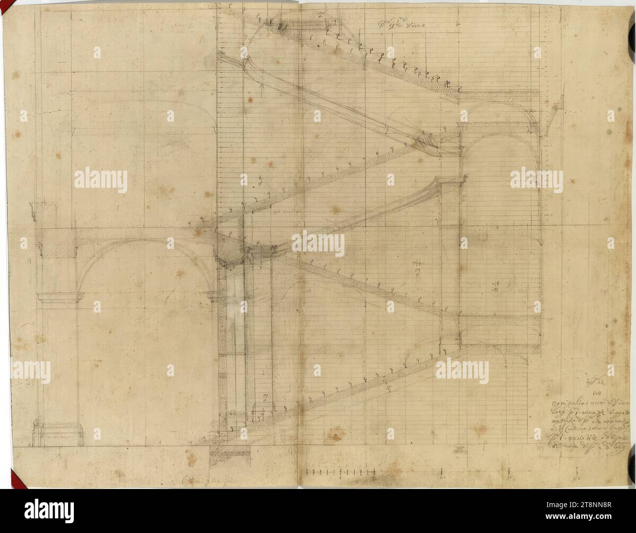 ROM, College of Propaganda Fide, Haupttreppenhaus, 1656-1660, Architekturzeichnung, Papier, fest; Graphitzeichnung; Blindrille; Konstruktion, Zeichnung, Maßstab und Beschriftung in Graphit, 43,9 x 56,5 cm, o.:, p(al)mi 19 1/2 di vivo, 46 Schritte, Fond(amen)to, die ersten 2 Schritte'; l.u.: "jede Stufe wird lebendig, Larg(o) p(al)m(o) 1 Unze 7 1/2 Agetto, ein Drittel p(al)m(o), das zusammen mit dem Scharnier ) breit sein wird, p(al)m(i) 1 Unzen 11 1/2, die (o) sein können, sortiert nach p(al)m(i) 2 nach Breite(Höhe Stockfoto