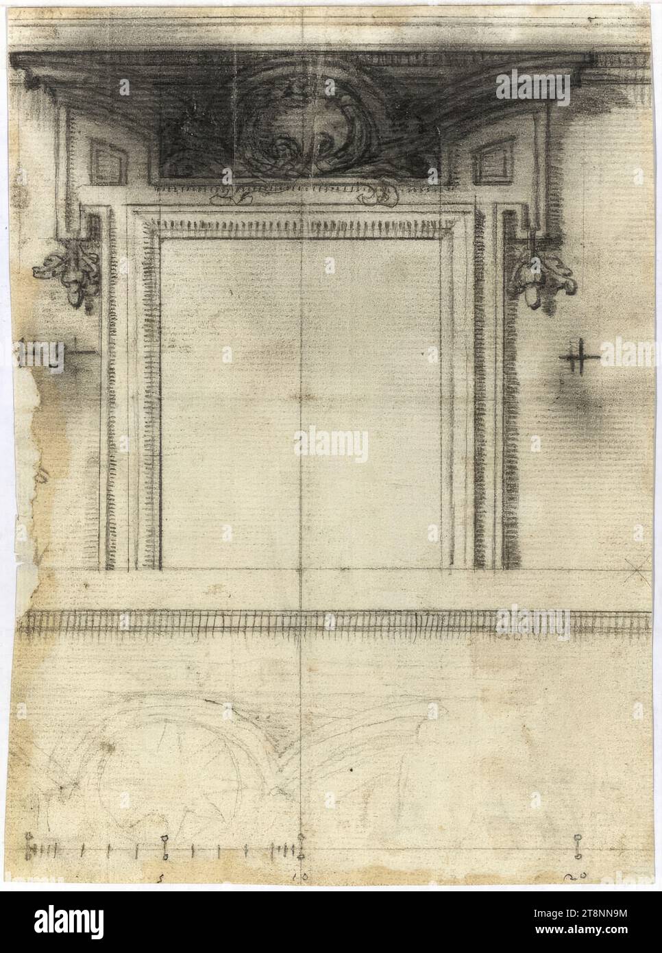 Rom, Collegio di Propaganda Fide, Fenster mit Südfassade, seitlicher Typ, 1660-1662, Architekturzeichnung, Papier, mittelschwer; Graphitzeichnung; Konstruktion, Zeichnung, Maßstab und Beschriftung in Graphit, 19,4 x 14,5 cm Stockfoto