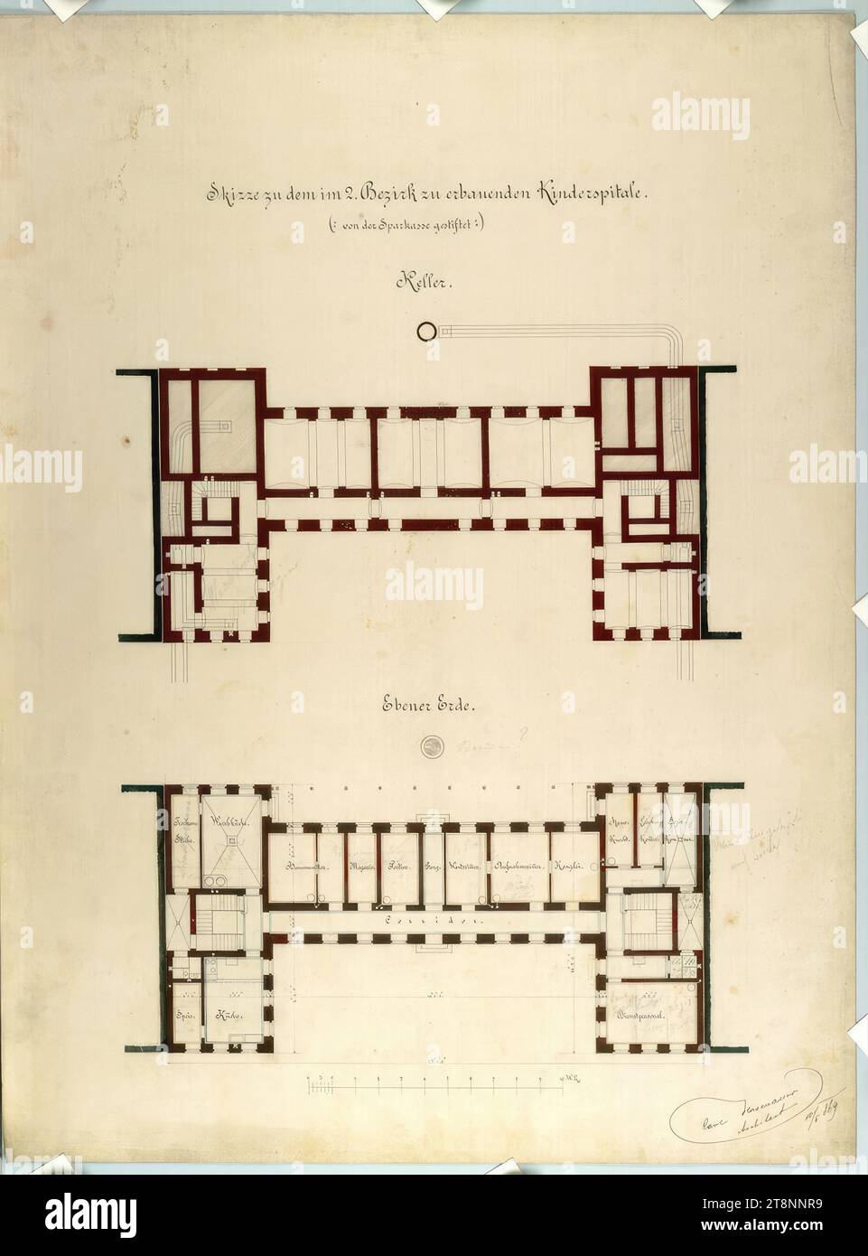 Wien II, obere Augartenstraße, Kinderkrankenhaus, Grundrisse, Carl von Hasenauer (Wien 1833 - 1894 Wien), 10. Mai 1869, Plan, Tusche und Stift auf Papier, 'Skizze für das Kinderkrankenhaus, das im 2. Bezirk errichtet werden soll./ (: Von der gespendet an Sparkasse.:)/ Keller.', 'ebener Boden Stockfoto